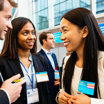 **

A diverse group of professionals from different countries are engaged in a lively discussion at an international finance conference. The scene is brightly lit, with modern architecture in the background. Focus on capturing the energy of global networking and collaboration, emphasizing cultural exchange and shared ideas. Include name tags showing various nationalities.

**