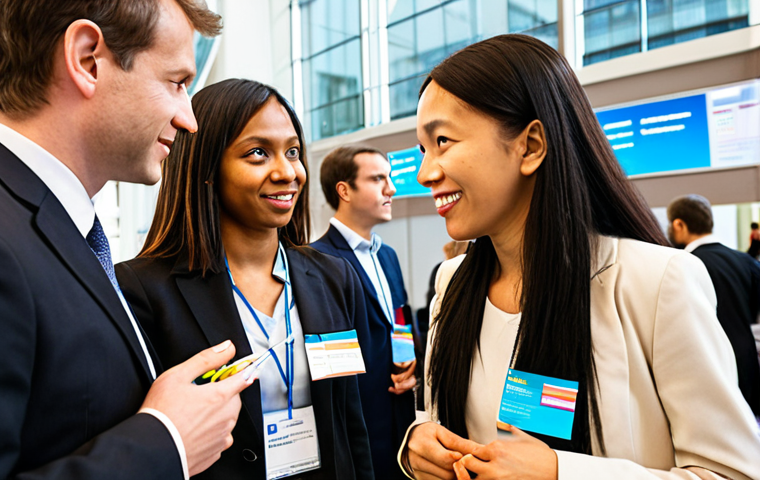 **
A diverse group of professionals from different countries are engaged in a lively discussion at an international finance conference. The scene is brightly lit, with modern architecture in the background. Focus on capturing the energy of global networking and collaboration, emphasizing cultural exchange and shared ideas. Include name tags showing various nationalities.
**