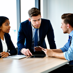 A diverse group of young professionals, fully clothed in professional business attire, engaging in a collaborative discussion around a large, modern conference table in a sunlit corporate office. One individual points thoughtfully at a tablet, while others listen attentively. The atmosphere is optimistic and forward-looking, symbolizing professional development and support. The image features perfect anatomy, natural pose, correct proportions, well-formed hands, and proper finger count. It is safe for work, appropriate content, fully clothed, and professional.