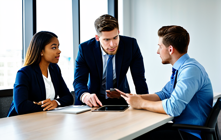 A diverse group of young professionals, fully clothed in professional business attire, engaging in a collaborative discussion around a large, modern conference table in a sunlit corporate office. One individual points thoughtfully at a tablet, while others listen attentively. The atmosphere is optimistic and forward-looking, symbolizing professional development and support. The image features perfect anatomy, natural pose, correct proportions, well-formed hands, and proper finger count. It is safe for work, appropriate content, fully clothed, and professional.