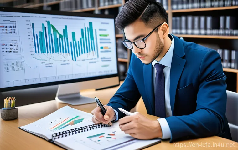 CFA 시험 시뮬레이션의 필요성 - **"A determined professional, in their late 20s or early 30s, dressed in a sharp business casual out...