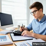 CFA 시험의 계산기 활용법 - A focused study scene showing a young adult in business casual attire seated at a modern desk, inten...