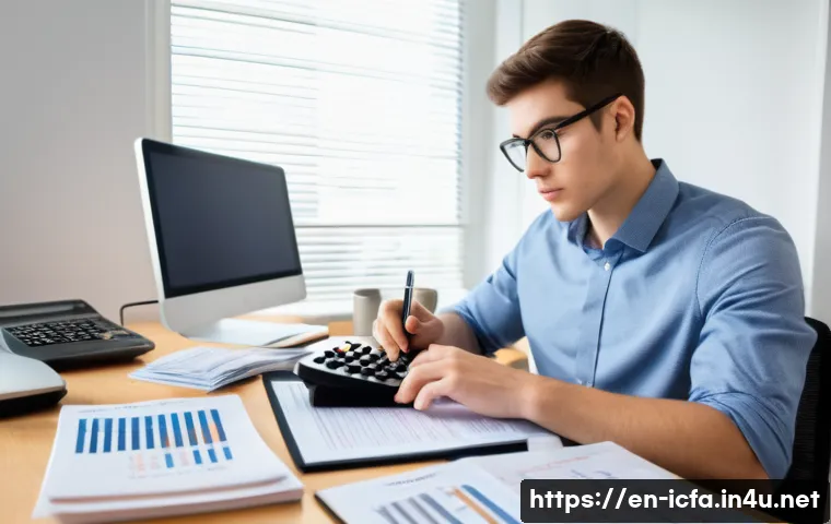 CFA 시험의 계산기 활용법 - A focused study scene showing a young adult in business casual attire seated at a modern desk, inten...