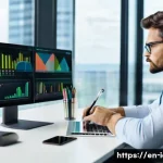 CFA 시험의 최신 변화 - A modern finance professional in a sleek office environment, analyzing multiple digital screens disp...