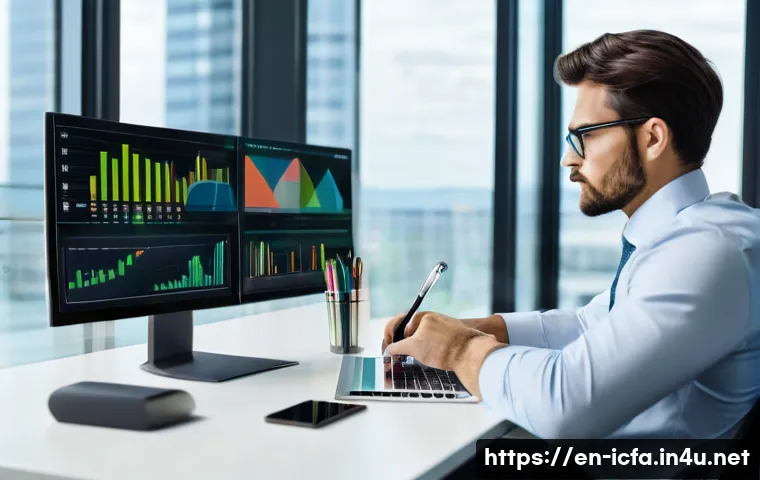 CFA 시험의 최신 변화 - A modern finance professional in a sleek office environment, analyzing multiple digital screens disp...