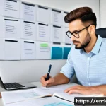 CFA 시험의 성공률을 높이는 습관 - A focused young professional studying at a modern home office desk, surrounded by neatly organized C...