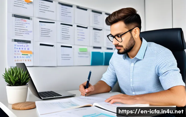 CFA 시험의 성공률을 높이는 습관 - A focused young professional studying at a modern home office desk, surrounded by neatly organized C...