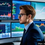 CFA 취득 후 헤지펀드 취업 사례 - A professional young financial analyst in a modern hedge fund office, wearing a sharp business suit ...