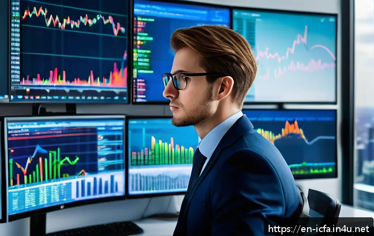 CFA 취득 후 헤지펀드 취업 사례 - A professional young financial analyst in a modern hedge fund office, wearing a sharp business suit ...