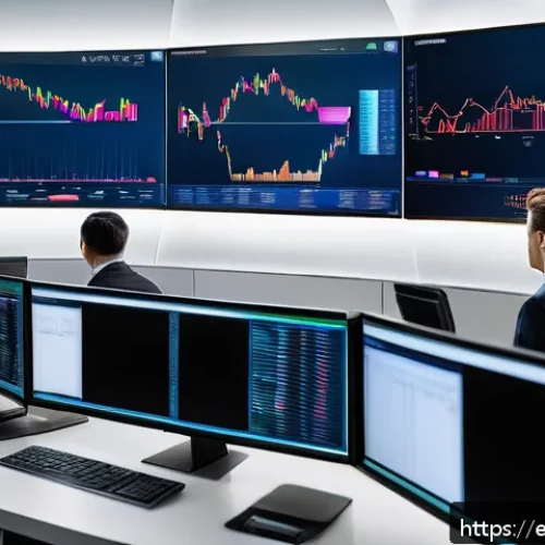 CFA와 파생상품 분석 - A sophisticated financial trading room scene featuring diverse professionals analyzing large digital...