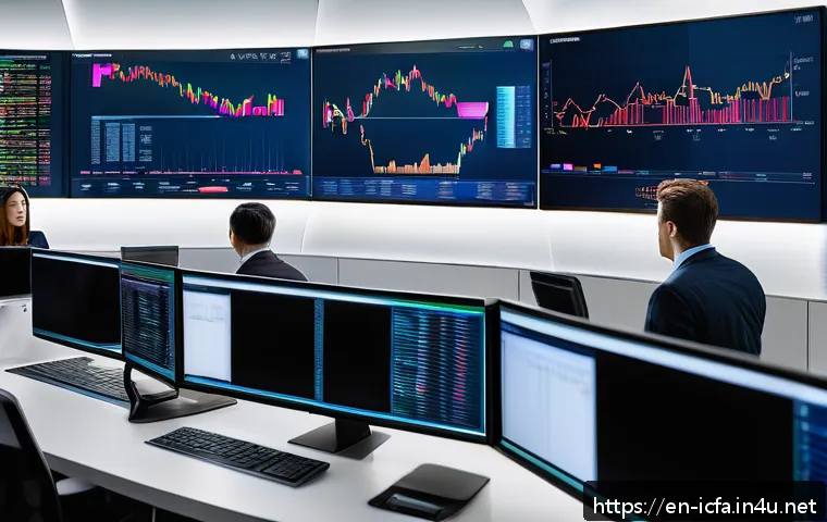 CFA와 파생상품 분석 - A sophisticated financial trading room scene featuring diverse professionals analyzing large digital...